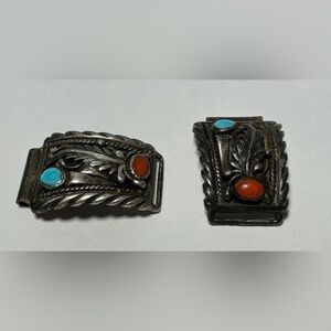 Navajo Watch Tips. Sterling Silver 925 Turquoise & Coral Stones. Signed STC VTG